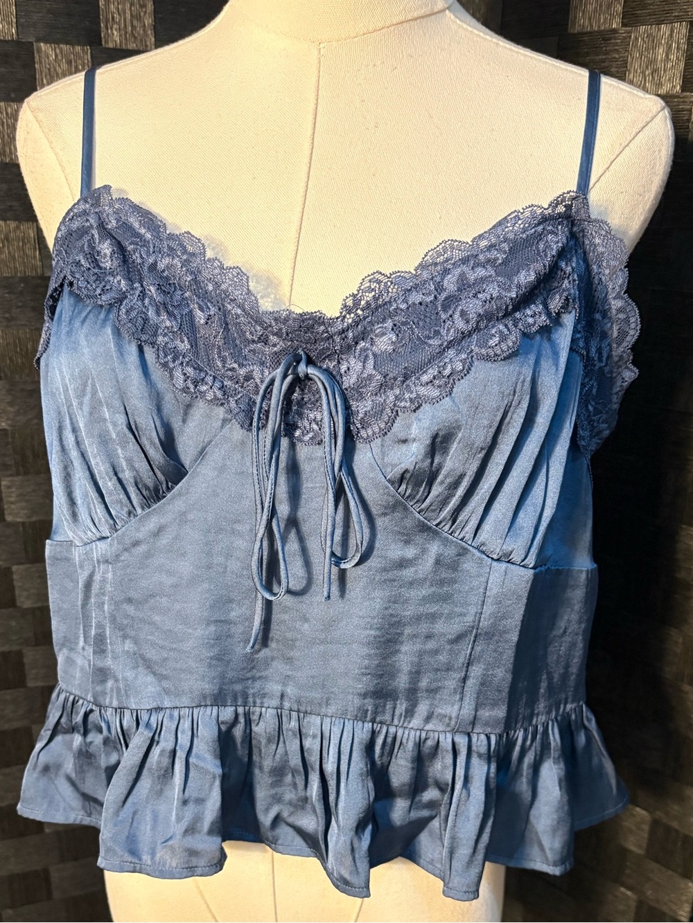 American Eagle Satin Peplum Tank Top Navy Blue Lace Trim Ruffle Cami